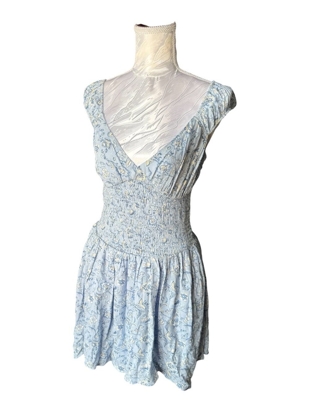 Hollister Light Blue Floral Smocked Waist V-Neck Dress